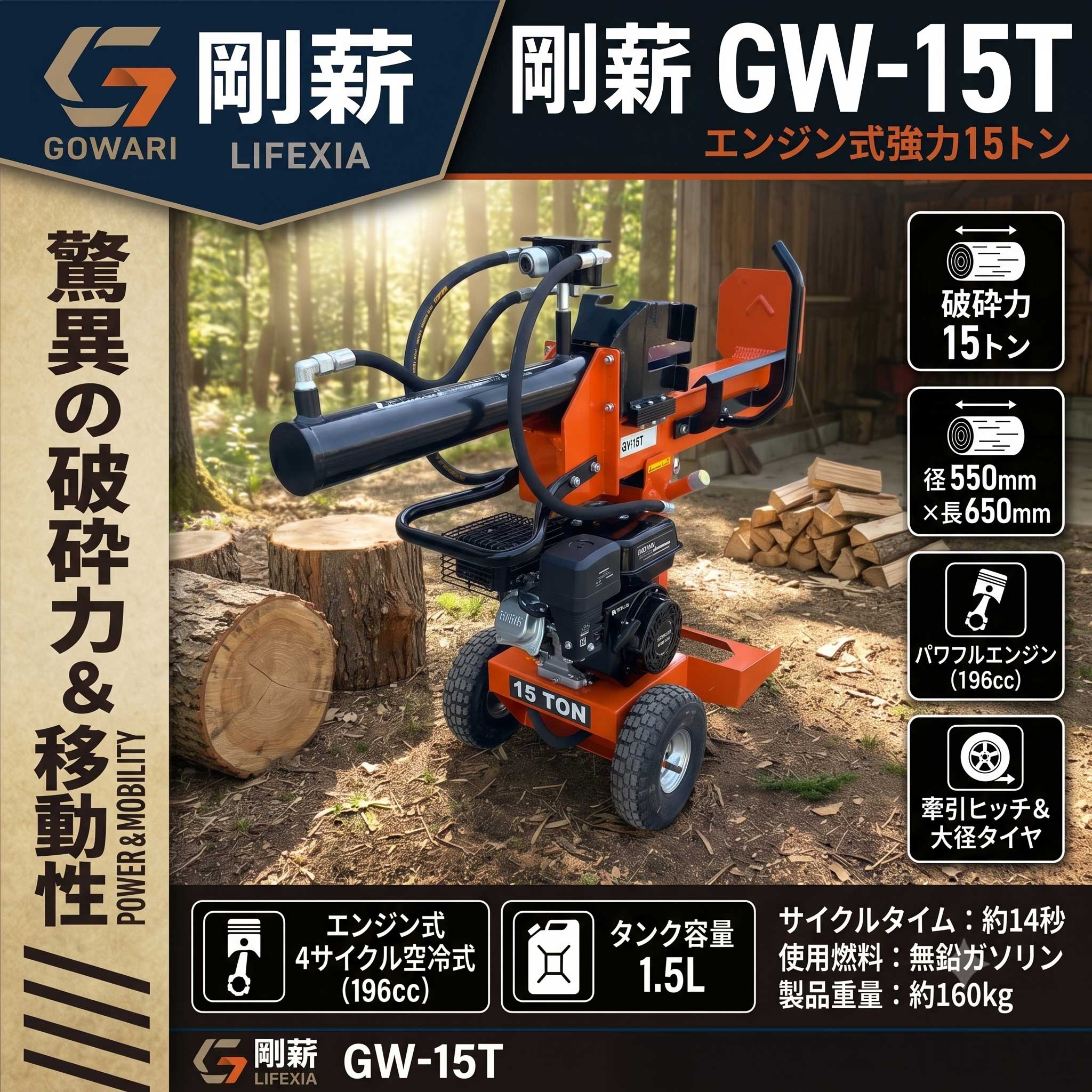 剛薪 GW-15T エンジン式 縦横両用 薪割り機