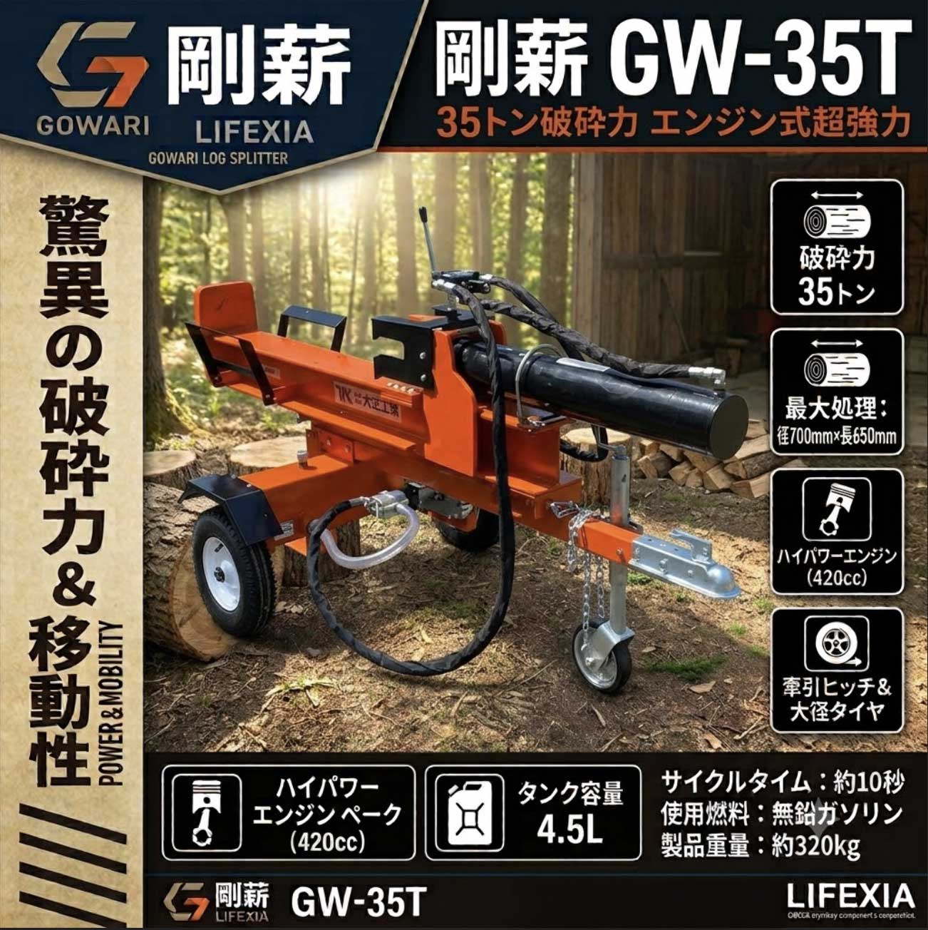 剛薪 GW-35T エンジン式 縦横両用 薪割り機